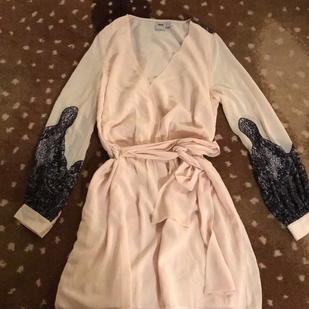 Pink lace print wrap dress